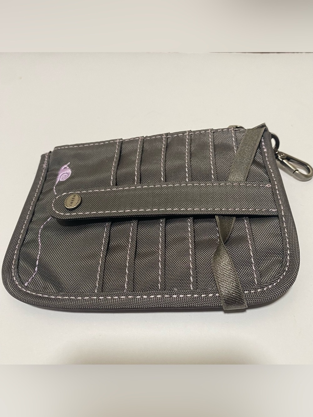 Mosey Gray Wristlet Card Wallet Wrist Strap Snail Embroidery Purple Lining